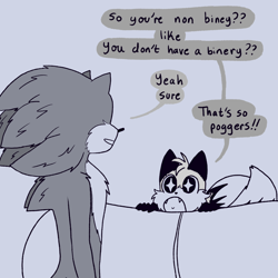 Size: 2048x2048 | Tagged: safe, artist:darth-sonny, miles "tails" prower, sonic the hedgehog, dialogue, duo, english text, fangs, featured image, greyscale, looking at each other, male, monochrome, movie style, nonbinary, poggers, sparkling eyes, speech bubble