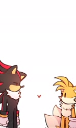 Size: 1224x2048 | Tagged: safe, artist:tetsuchibimori, miles "tails" prower, shadow the hedgehog, 2023, cute, duo, gay, heart, lidded eyes, looking at each other, no mouth, shadails, shadowbetes, shipping, simple background, tailabetes, white background