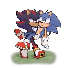 Size: 1130x1050 | Tagged: safe, artist:danimatez, shadow the hedgehog, sonic the hedgehog, 2023, blushing, carrying them, duo, frown, gay, grass, lidded eyes, shadow x sonic, shipping, simple background, walking, white background