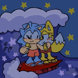 Size: 1024x1024 | Tagged: dead source, safe, artist:tailsmybuddy67, miles "tails" prower, sonic the hedgehog, wave the swallow, 2023, abstract background, beach outfit, blushing, classic sonic, classic tails, cute, duo, gay, holding each other, ocean, sandals, shipping, shorts, signature, sonabetes, sonic x tails, standing, star (symbol), surfing, sweatdrop, tailabetes