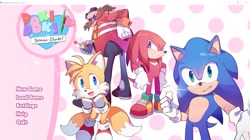 Size: 2048x1143 | Tagged: safe, artist:c52278, knuckles the echidna, miles "tails" prower, robotnik, sonic the hedgehog, 2021, abstract background, blushing, crossover, doki doki literature club, english text, group, holding something, logo, remote controller, ring, team sonic