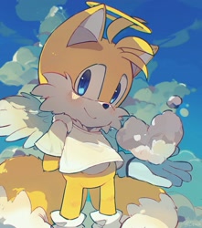 Size: 1807x2048 | Tagged: safe, artist:c52278, miles "tails" prower, 2021, angel, angel wings, blushing, clouds, cute, halo, hands behind back, heart, looking at viewer, shirt, smile, solo, standing, tailabetes