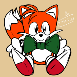 Size: 2000x2000 | Tagged: safe, artist:sonic3_da, miles "tails" prower, 2023, beige background, bowtie, classic tails, flat colors, looking at viewer, signature, simple background, sitting, smile, solo
