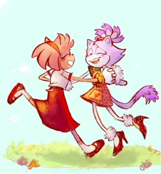 Size: 540x584 | Tagged: safe, artist:mysuperlaserpiss, amy rose, blaze the cat, cat, hedgehog, 2020, amy x blaze, cute, eyes closed, female, females only, holding hands, lesbian, mouth open, shipping, skirt