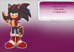Size: 2048x1422 | Tagged: safe, artist:jogurt309, oc, oc:shelly the hedgehog (jogurt309), hedgehog, 2023, abstract background, black fur, blushing, boots, character name, english text, fankid, female, fingerless gloves, frown, jacket, lidded eyes, looking at viewer, magical gay spawn, oc only, outline, parent:shadow, parent:sonic, parents:sonadow, solo, standing, teenager