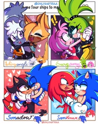 Size: 1620x2048 | Tagged: safe, artist:onlyastraa, amy rose, knuckles the echidna, shadow the hedgehog, sonic the hedgehog, surge the tenrec, tangle the lemur, whisper the wolf, 2022, blushing, carrying them, cute, english text, exclamation mark, four fanarts, gay, group, heart, holding hands, holding them, hugging, hugging from behind, knucklebetes, knuxonic, lesbian, shadow x sonic, shadowbetes, ship name, shipping, smile, sonabetes, sparkles, surgamy, surprised, tangabetes, tangle x whisper, whispabetes