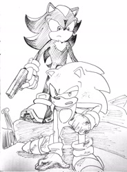 Size: 1504x2048 | Tagged: safe, artist:youil080514, shadow the hedgehog, sonic the hedgehog, 2023, black and white, duo, frown, gun, holding something, injured, looking at them, redraw, shadow the hedgehog (video game), simple background, sweatdrop, white background