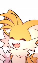 Size: 1224x2048 | Tagged: dead source, safe, artist:tetsuchibimori, miles "tails" prower, 2023, cute, eyes closed, fangs, large ears, mouth open, simple background, smile, solo, tailabetes, white background