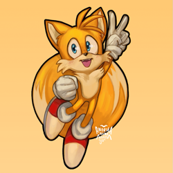 Size: 731x731 | Tagged: safe, artist:anorhanono, miles "tails" prower, 2023, clenched fist, flying, looking offscreen, mouth open, signature, simple background, smile, solo, spinning tails, v sign, yellow background