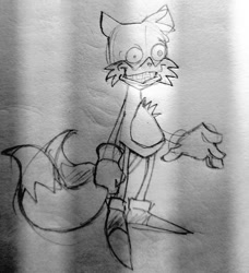 Size: 935x1024 | Tagged: safe, artist:bugai16102007, miles "tails" prower, oc, oc:secret history tails, 2023, clenched teeth, creepy, looking offscreen, pencilwork, solo, sonic secret history, standing, traditional media