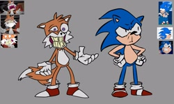 Size: 2048x1229 | Tagged: safe, artist:betasheep28_art, artist:srmehblockofice, miles "tails" prower, sonic the hedgehog, oc, oc:secret history sonic, oc:secret history tails, 2022, alternate eye color, clenched teeth, duo, friday night funkin, frown, grey background, mod, purple eyes, redesign, reference inset, simple background, sonic secret history, standing