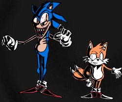 Size: 549x456 | Tagged: safe, artist:mettalicc, miles "tails" prower, sonic the hedgehog, oc, oc:secret history sonic, oc:secret history tails, 2022, black background, creepy, duo, role swap, simple background, sonic secret history, standing