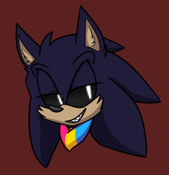 Size: 2598x2695 | Tagged: safe, artist:interstellarchaosss, sonic the hedgehog, oc, oc:sonic.exe, 2020, bandana, black sclera, cheek fluff, clenched teeth, ear fluff, glowing eyes, head only, lidded eyes, looking offscreen, male, pansexual, pansexual pride, red background, sharp teeth, simple background, smile, solo, white eyes
