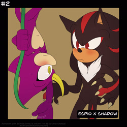 Size: 2048x2048 | Tagged: safe, artist:artisterki, espio the chameleon, shadow the hedgehog, 2021, beige background, blushing, claws, duo, english text, frown, gloves off, hanging, holding something, looking at each other, shadpio, simple background, standing, upside down, vine