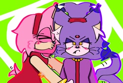 Size: 1748x1181 | Tagged: safe, artist:heysays1, amy rose, blaze the cat, cat, hedgehog, 2023, amy x blaze, amy's halterneck dress, attempted kiss, blaze's tailcoat, cute, eyes closed, female, females only, lesbian, looking at viewer, shipping, tail wagging