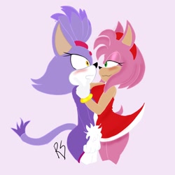 Size: 2048x2048 | Tagged: suggestive, artist:theshadowf37225, amy rose, blaze the cat, cat, hedgehog, 2023, amy x blaze, amy's halterneck dress, bedroom eyes, big breasts, blaze's tailcoat, cute, female, females only, lesbian, looking at each other, shipping