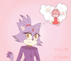 Size: 2048x1749 | Tagged: safe, artist:itsniknikki, amy rose, blaze the cat, cat, hedgehog, 2023, amy x blaze, amy's halterneck dress, blaze's tailcoat, cute, english text, eyes closed, female, females only, heart, lesbian, looking at viewer, shipping, thinking