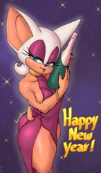 Size: 1500x2564 | Tagged: safe, artist:ruruduu1, 2024, backless dress, bootyfull rouge, champagne, featured image, happy new year, looking at viewer, new years, star (sky)