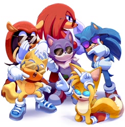 Size: 1810x1850 | Tagged: safe, artist:lucia88956289, knuckles the echidna, mighty the armadillo, miles "tails" prower, ray the flying squirrel, sonic the hedgehog, oc, oc:odd the wolf, group, male, posing, sunglasses