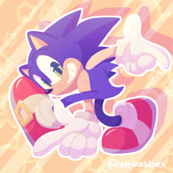 Size: 1920x1920 | Tagged: safe, artist:lettuce-shoes, sonic the hedgehog, sonic adventure, abstract background, outline, posing, redraw, shadow (lighting), signature, smile, solo, star (symbol)