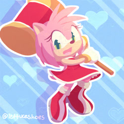 Size: 1920x1920 | Tagged: safe, artist:lettuce-shoes, amy rose, abstract background, amybetes, cute, heart, holding something, mouth open, outline, piko piko hammer, shadow (lighting), smile, solo