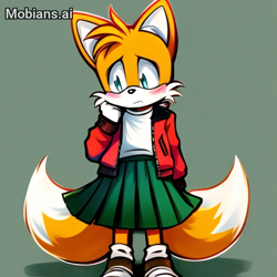 Size: 512x512 | Tagged: safe, ai art, artist:mobians.ai, miles "tails" prower, 2024, blushing, frown, green background, jacket, looking down, shirt, simple background, skirt, solo, standing, trans female, transgender