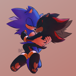 Size: 1080x1080 | Tagged: safe, artist:ghostie-juice, shadow the hedgehog, sonic the hedgehog, barefoot, beige background, cute, duo, eyes closed, gay, gloves off, holding each other, pawpads, paws, shadow x sonic, shipping, signature, simple background, smile, snuggling