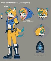 Size: 1630x1980 | Tagged: safe, artist:techno-leo, oc, oc:pixel the fennec fox, 2024, belt, boots, character name, clenched teeth, colored ears, english text, fankid, fennec, grey background, jacket, lidded eyes, looking at viewer, magical gay spawn, male, next generation, oc only, parent:kit, parent:tails, parents:kittails, pronouns, redesign, reference sheet, simple background, solo, standing