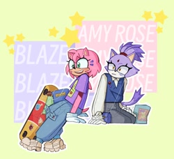 Size: 1632x1490 | Tagged: safe, artist:squeeebss, amy rose, blaze the cat, cat, hedgehog, 2024, amy x blaze, cute, female, females only, lesbian, mouth open, shipping, skateboard, star (symbol)