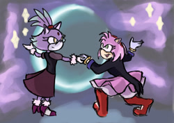 Size: 2048x1448 | Tagged: safe, artist:wonderinc-sonic, amy rose, blaze the cat, cat, hedgehog, 2024, amy x blaze, crossover, cute, dancing, female, females only, holding hands, lesbian, shipping, the owl house