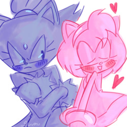 Size: 540x540 | Tagged: safe, artist:loveseiusa, amy rose, blaze the cat, cat, hedgehog, 2019, amy x blaze, amy's halterneck dress, angry, arms folded, blaze's tailcoat, blushing, cute, eyes closed, female, females only, hearts, lesbian, shipping
