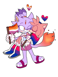 Size: 540x720 | Tagged: safe, artist:artyyline, amy rose, blaze the cat, cat, hedgehog, 2019, amy x blaze, bisexual pride, carrying them, cute, eyes closed, female, females only, kiss on cheek, lesbian, lesbian pride, one eye closed, pride, shipping