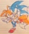 Size: 877x1024 | Tagged: safe, artist:shinatosark, miles "tails" prower, sonic the hedgehog, fox, hedgehog, 2023, blushing, carrying them, cute, duo, gay, hugging, lined paper, male, shipping, smile, sonic x tails, tailabetes, traditional media, wink