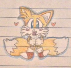 Size: 1024x980 | Tagged: safe, artist:shinatosark, miles "tails" prower, 2023, :3, cute, eyelashes, heart, lined paper, mouth open, smile, solo, tailabetes, traditional media