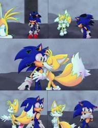 Size: 1080x1406 | Tagged: safe, artist:cjjp8, miles "tails" prower, sonic the hedgehog, sonic frontiers, 2023, abstract background, attempted kiss, blushing, duo, embarrassed, floppy ears, gay, glitch, shipping, sonic x tails, standing
