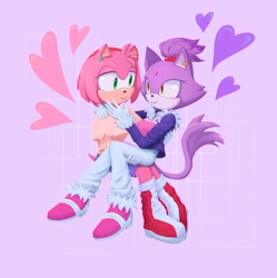 Size: 2480x2491 | Tagged: safe, artist:chepenka_a, amy rose, blaze the cat, cat, hedgehog, 2023, amy x blaze, cute, female, females only, hand on chin, hearts, lesbian, looking at each other, shipping, sitting on them