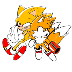 Size: 1080x1080 | Tagged: safe, artist:banditoblight, miles "tails" prower, sonic the hedgehog, super sonic, 2024, arm buster, chibi, duo, frown, simple background, super form, white background