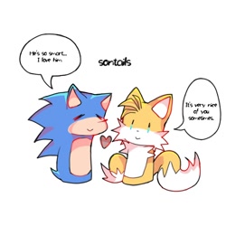 Size: 1000x1000 | Tagged: safe, artist:koreen_tutku01, miles "tails" prower, sonic the hedgehog, 2023, crying, cute, dialogue, duo, english text, gay, grammatical error, heart, ship name, shipping, simple background, smile, sonabetes, sonic x tails, speech bubble, tailabetes, tears, tears of happiness, white background
