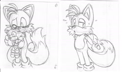 Size: 1806x1071 | Tagged: safe, artist:hyrulepirate, miles "tails" prower, sonic the hedgehog, 2024, blushing, gay, holding something, line art, one eye closed, pencilwork, shipping, smile, solo, sonic x tails, standing, stuffed animal, sweatdrop, traditional media