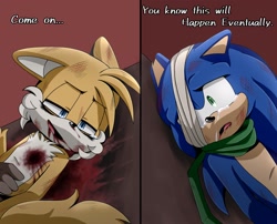 Size: 2048x1654 | Tagged: semi-grimdark, artist:_ra_fox_, miles "tails" prower, sonic the hedgehog, oc, oc:villain miles, comic:where was my hero?, 2024, abstract background, bandage, base used, bleeding, bleeding from mouth, blood, comic, crying, dialogue, english text, floppy ears, imminent death, injured, lidded eyes, looking at each other, lying down, mouth open, nosebleed, older, scarf, scratch (injury), shrunken pupils, tears, tears of sadness, torn ear