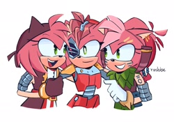 Size: 2000x1400 | Tagged: safe, artist:rasbbe, amy rose, thorn rose, sonic prime, 2024, arm around shoulders, black rose, cyborg, looking at each other, rusty rose, self paradox, signature, simple background, smile, trio, white background