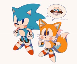 Size: 1776x1476 | Tagged: safe, artist:ombeo_o, miles "tails" prower, robotnik, sonic the hedgehog, 2023, blushing, classic sonic, classic tails, cute, duo, looking offscreen, mouth open, simple background, speech bubble, standing, white background