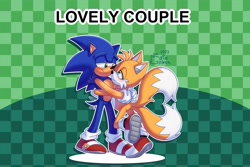 Size: 2048x1372 | Tagged: safe, artist:la_gata_golosa_, miles "tails" prower, sonic the hedgehog, 2023, abstract background, blushing, checkered background, duo, english text, gay, holding each other, lidded eyes, looking at each other, outline, shipping, signature, smile, sonic x tails, standing
