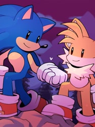 Size: 1536x2048 | Tagged: safe, artist:tetsuchibimori, miles "tails" prower, sonic the hedgehog, abstract background, cute, duo, gay, heart, holding hands, looking at each other, outdoors, rock, shipping, smile, sonabetes, sonic x tails, standing, tailabetes