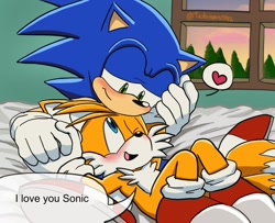Size: 900x730 | Tagged: safe, artist:tailsfann1992, miles "tails" prower, sonic the hedgehog, abstract background, bed, blushing, cute, duo, english text, gay, heart, indoors, lidded eyes, looking at each other, lying down, shipping, smile, sonic x style, sonic x tails, speech bubble, window