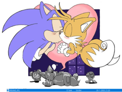 Size: 1562x1175 | Tagged: artist needed, safe, miles "tails" prower, sonic the hedgehog, 2003, alarm clock, blushing, dreaming, duo, eyes closed, gay, goomba, heart, imminent kissing, lying down, nighttime, shipping, sleeping, sonic x tails, window