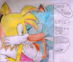 Size: 2312x1981 | Tagged: safe, artist:kurocho, miles "tails" prower, sonic the hedgehog, 2013, dialogue, duo, english text, eyes closed, gay, holding them, japanese text, kiss, looking at them, shipping, signature, sonic x tails, tongue out, traditional media