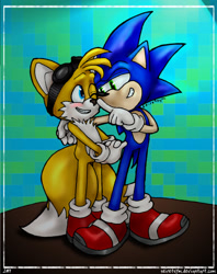 Size: 900x1139 | Tagged: dead source, safe, artist:seiretsym, miles "tails" prower, sonic the hedgehog, 2013, abstract background, blushing, boop, duo, gay, goggles, goggles on head, nose boop, shipping, signature, smile, sonic x tails, standing