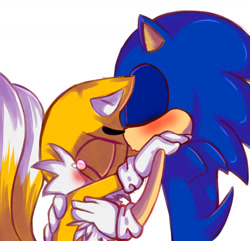 Size: 1280x1234 | Tagged: safe, artist:sunic-taan, miles "tails" prower, sonic the hedgehog, blushing, comforting, crying, duo, eyes closed, gay, holding each other, holding them, kiss on head, shipping, simple background, sonic x tails, standing, tears, white background
