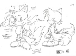 Size: 1000x738 | Tagged: safe, miles "tails" prower, japanese text, line art, official artwork, production art, simple background, smile, solo, sonic x, standing, white background